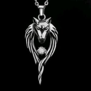 NWT Men's clear zircon Silver Plated Wolf Head Pendant Necklace Retro Jewelry